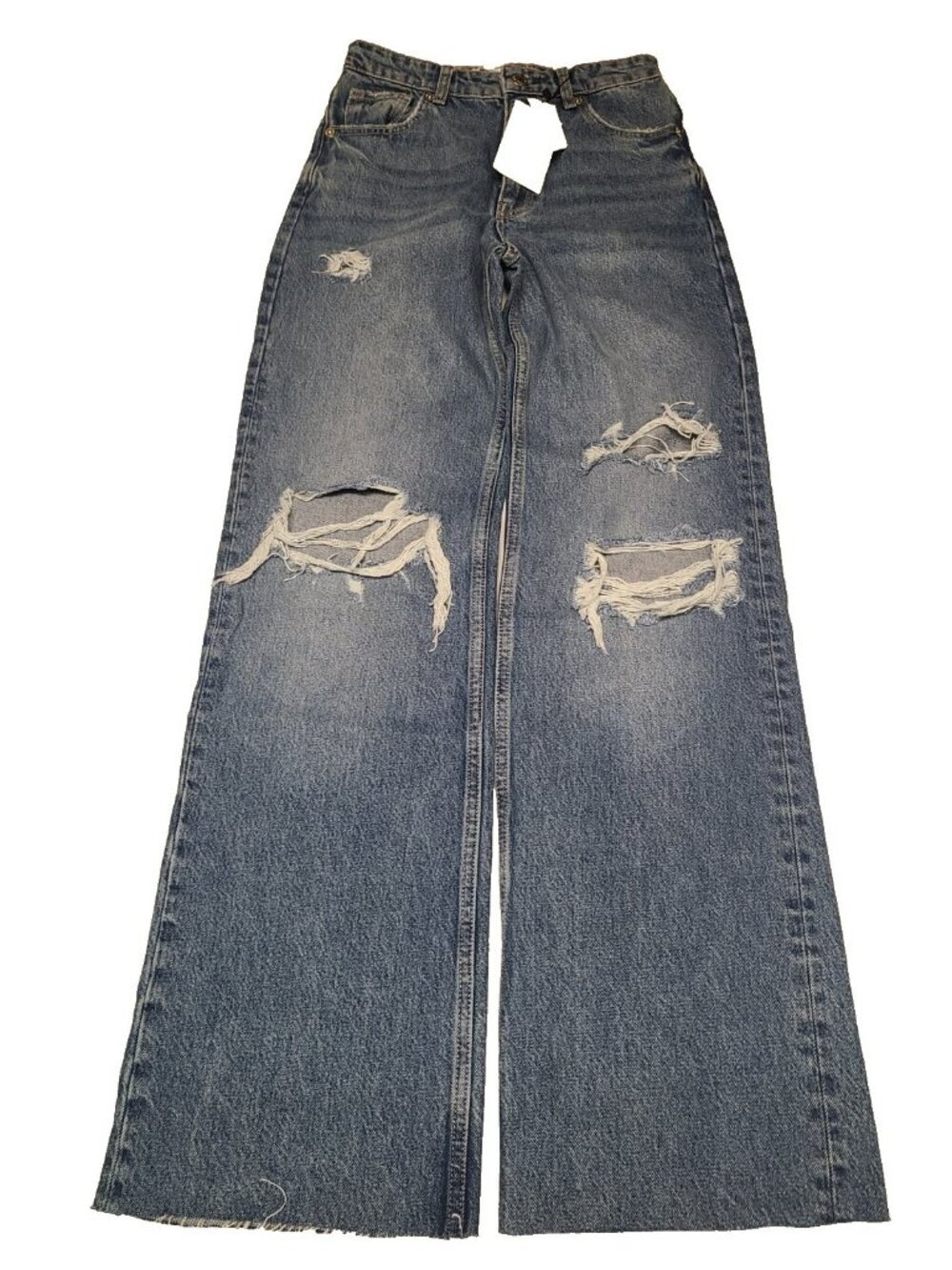 Zara High Rise Wide Leg Jeans Denim Blue Ripped Distressed SIZE 36 7215/227/427